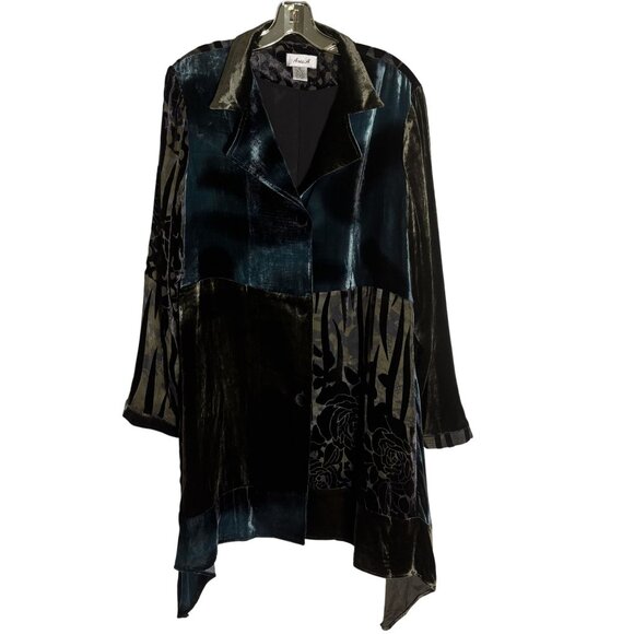 Elegant Anis.A Velvet & Silk Blend Asymmetrical Drape Jacket XL Black/Green - Picture 10 of 10
